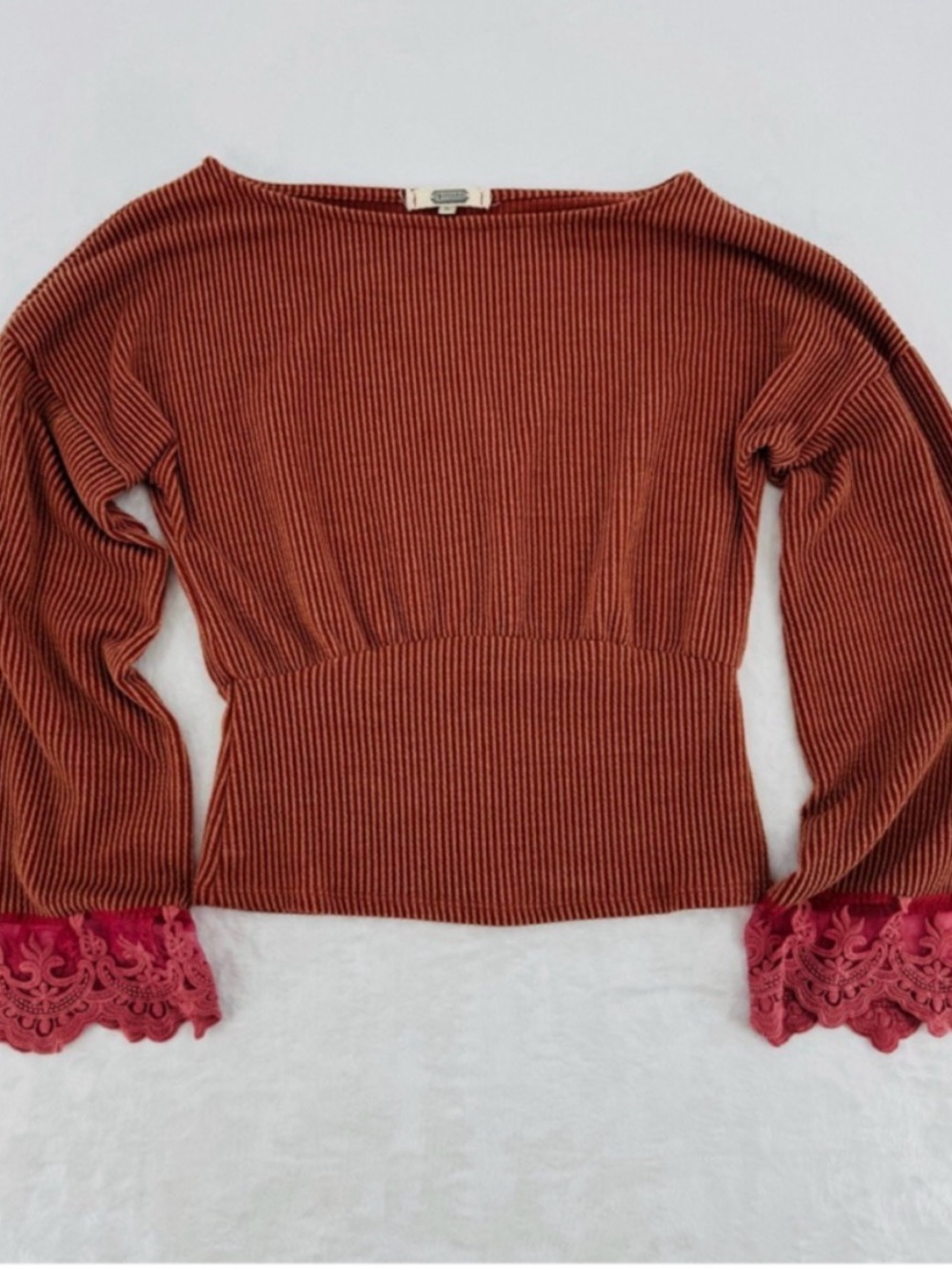 gimmicks by BKE Rust Ribbed Sweater with Pink Lace Cuffs